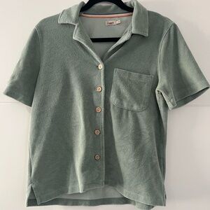 Faherty Soft Terry Knit Button-Up Shirt, Women’s Short Sleeve Sage Green Small